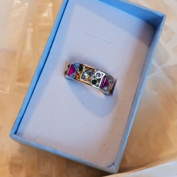 Sterling Silver Gemstone Wide Band Ring - Size 7, 8 - Picture 1 of 10